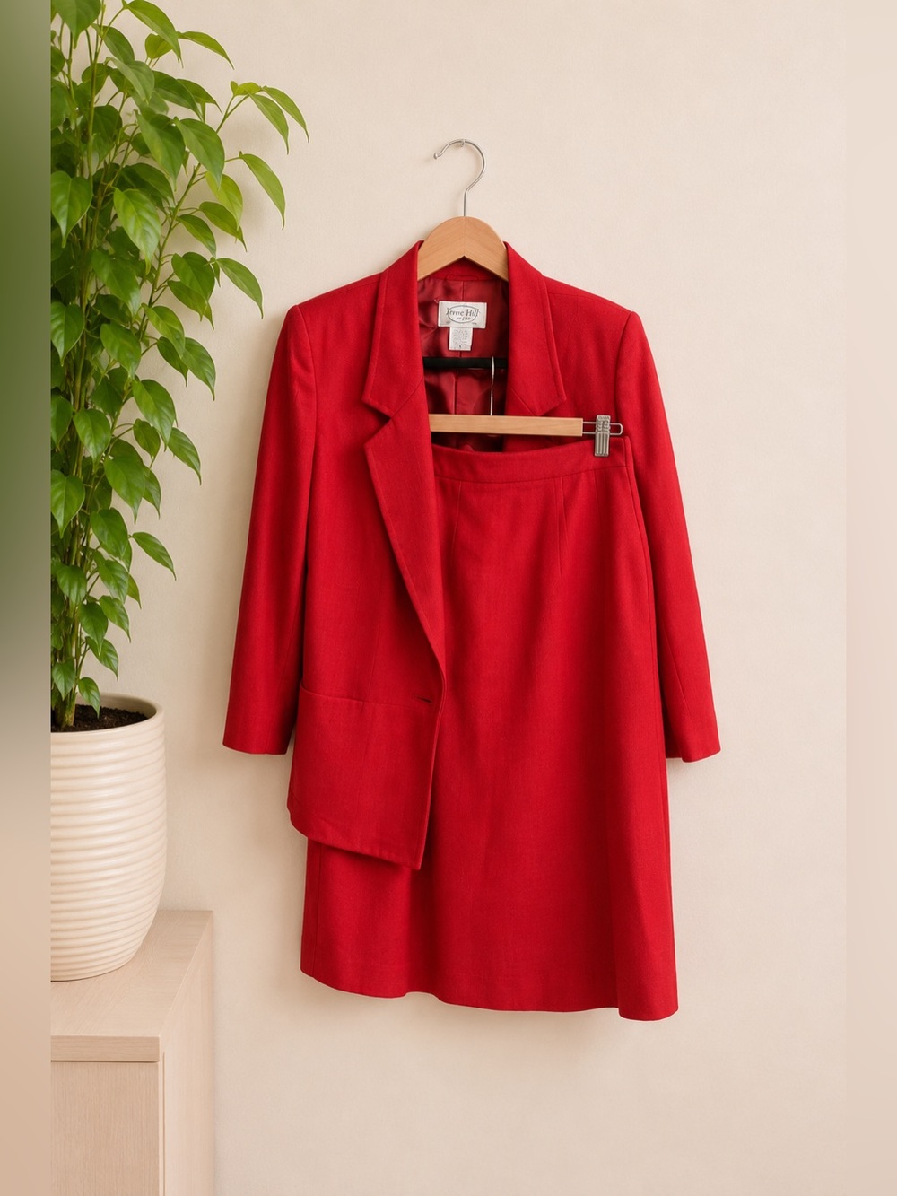 Vintage Irene Hill‎ Red Wool Dress Suit Blazer Corpcore Bright Edgy Sz 10/12 80s
